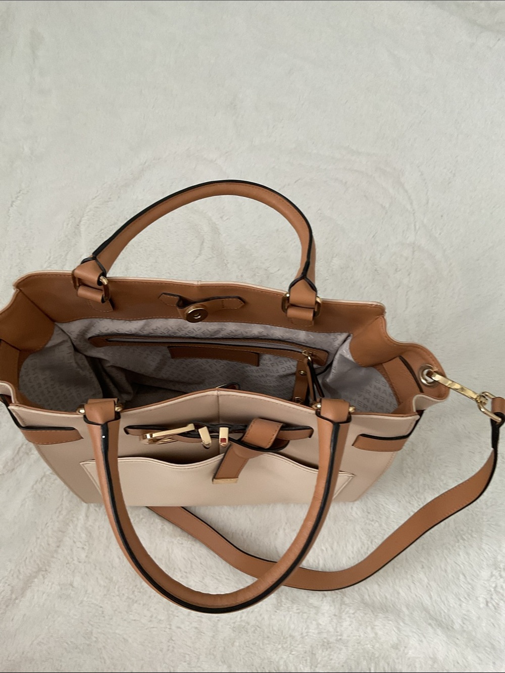Marc Fisher Structured Two-Tone Tote Bag with Belt Detail Beige & Brown preowned - Picture 7 of 9
